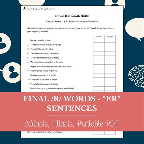 Final /R/ Words “ER” Sentences Worksheet for Speech Therapy (editable ...