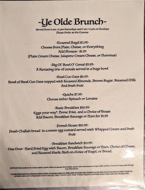 Menu at Old World Deli restaurant, Corvallis