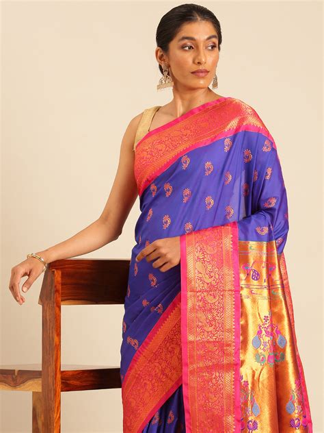 Mhalasa Royal Blue & Pink Soft Silk Peshwai Nath Paithani Saree ...