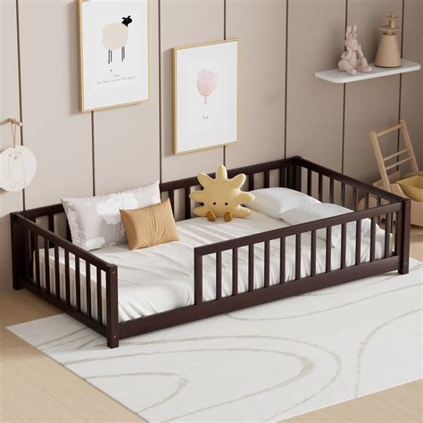Twin Size Floor Bed for Kids, Wood Twin Montessori Bed Frame with Fence ...
