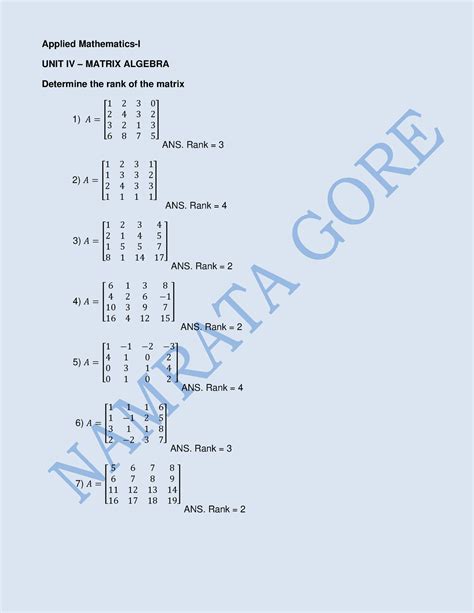 SEM I Problem sheet - Matrix Algebra - Applied Mathematics-I UNIT IV ...