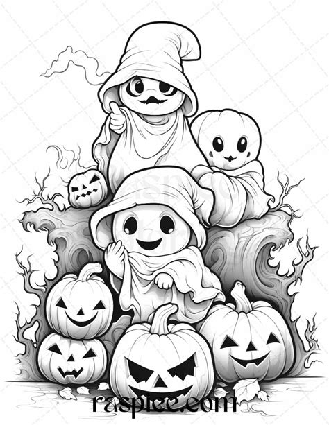 50 Halloween Cute Ghosts Grayscale Coloring Printable for Adults Kids ...
