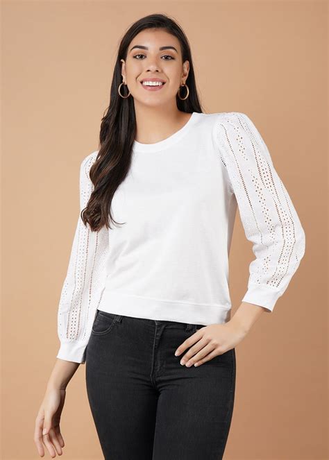 Get White Solid Cotton Round Neck Top at ₹ 1400 | LBB Shop