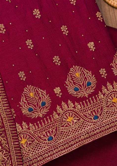 Buy Maroon Zariwork Raw Silk Unstitched Salwar Suit - Koskii