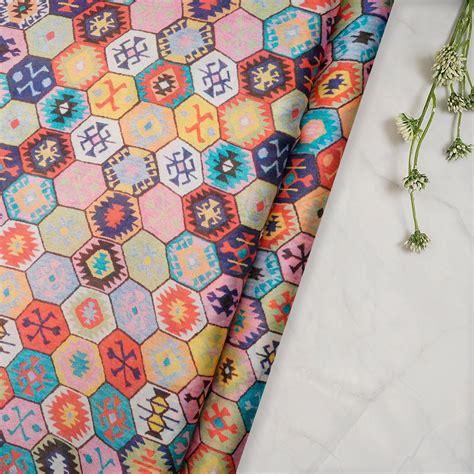 Multi Color Geometric Pattern Georgette Satin Fabric @ Rs.599 | FFAB