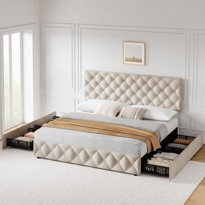 TROPOW King Size Bed Frame with 4 Storage Drawers, Faux India | Ubuy