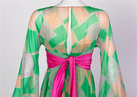 Malcolm Starr Green Geometric Print Chiffon Pink Sash Dress, 1960s For ...