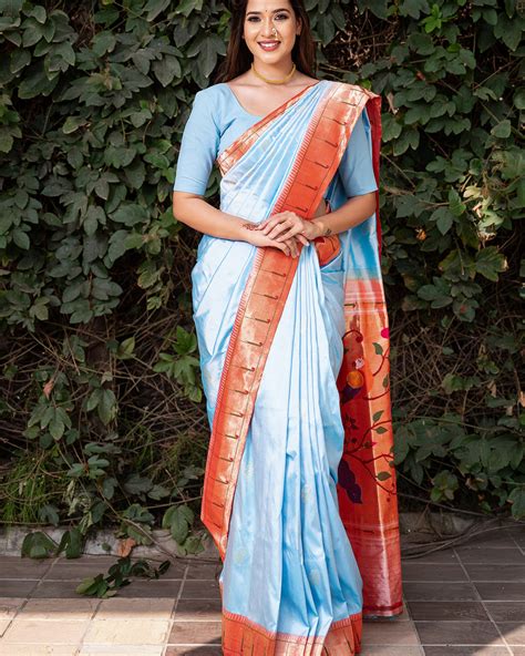 Powder Sky Blue Heirloom Pure Silk Single Munia Paithani Saree - The V ...