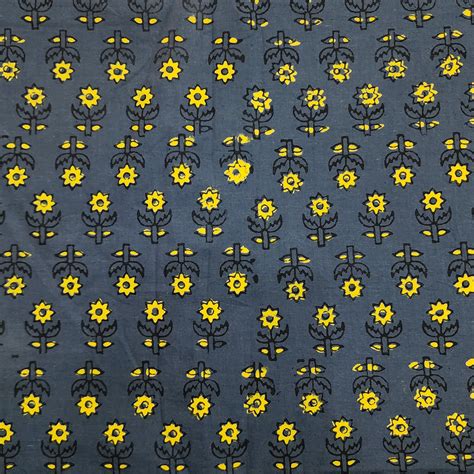 Pure Cotton Gamthi Grey With Yellow Up And Down Flower Motif Hand Bloc ...