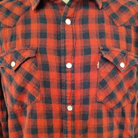 Levi's Men's Plaid Red Shirt/Button up/Pearl Snaps... - Depop