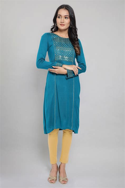 Buy Teal Embellished Winter kurta Online for Woman | Shop for Aurelia
