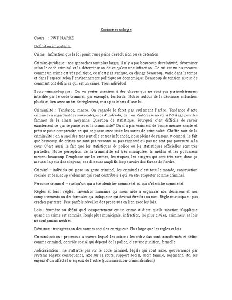 Note de cours - Sociocriminologie Cours 1 : PWP NARRÉ Définition ...