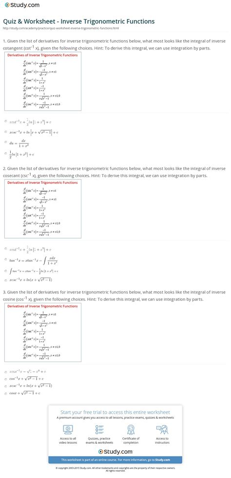Quiz Worksheet Inverse Trigonometric Functions Study — db-excel.com