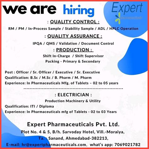 Expert Pharmaceuticals Pvt Ltd Job Vacancy for BSc/ MSc/ B Pharm/ M ...