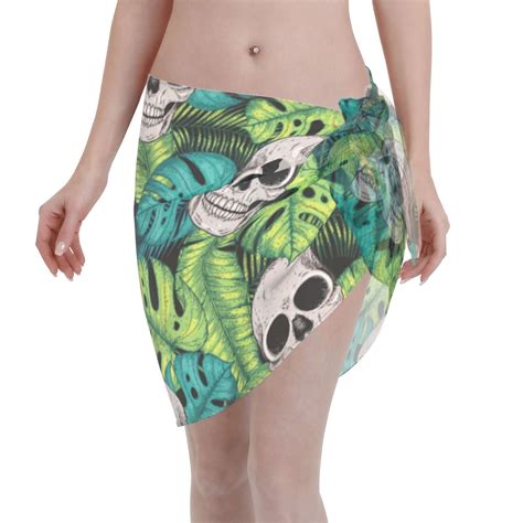 Kll Skull And Palm Leaves Print Women'S Sarong Coverups Short Bathing ...