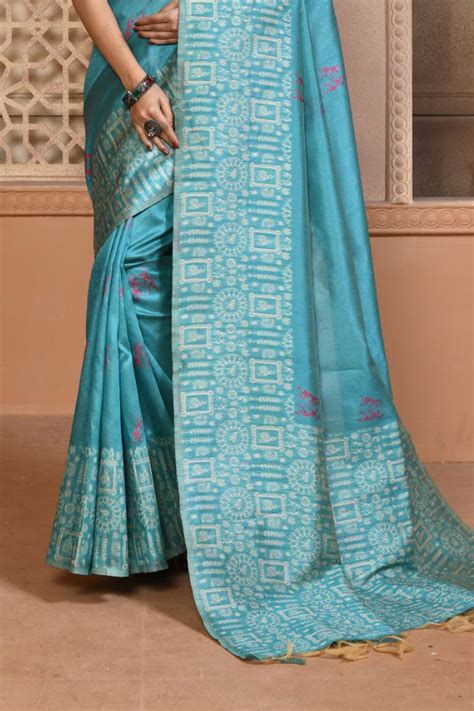 Buy Firozi Blue Raw Silk Saree With Blouse Piece 22954 Online | Karagiri