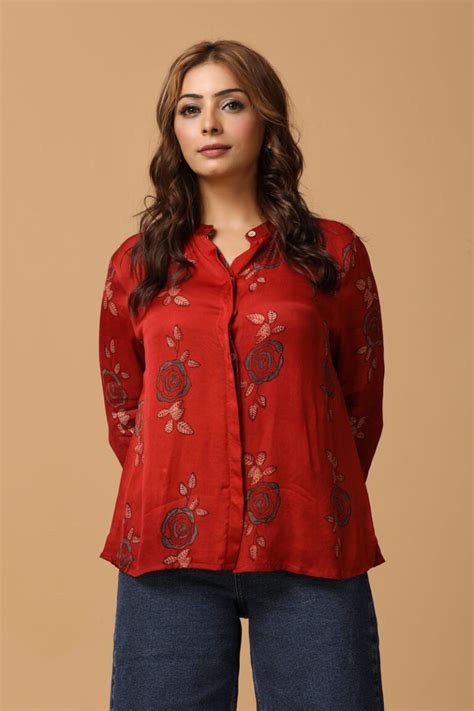 Buy Madder Ajrakh Rose Print Modal Mandarin Collar Shirt