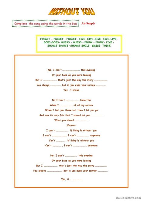 With out you song and nursery rhyme…: English ESL worksheets pdf & doc