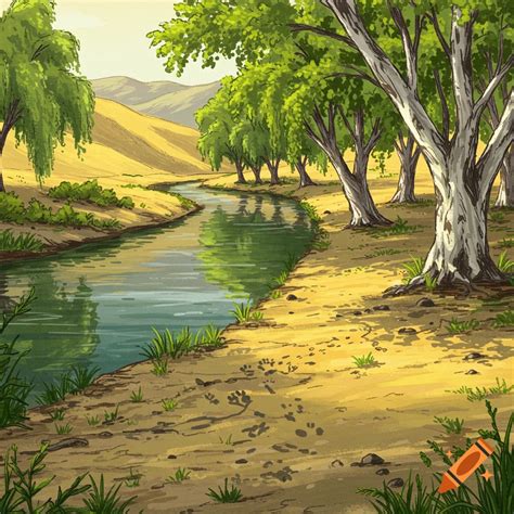 Illustrated winding river with green trees, sandy banks, and animal tracks, leading to distant ...