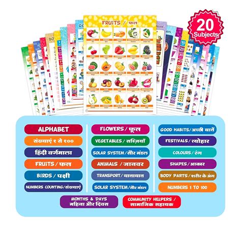 Hindi English Educational Chart Look N Learn | 20 Subjects | 10 Pages ...