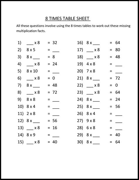 8 Times Table Worksheet 的图像结果