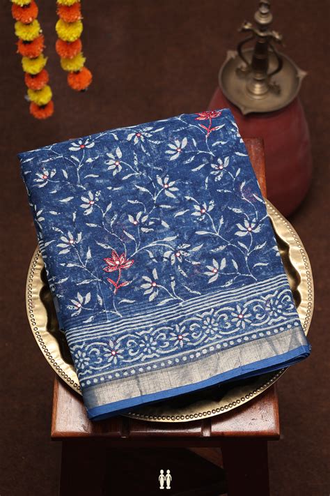 Kota Cotton Saree In Oxford Blue With Floral Design