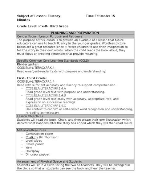 Image result for Fluency Lesson Plan Examples