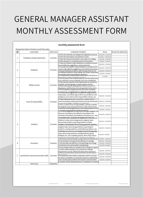 General Manager Assistant Monthly Assessment Form Excel Template And ...