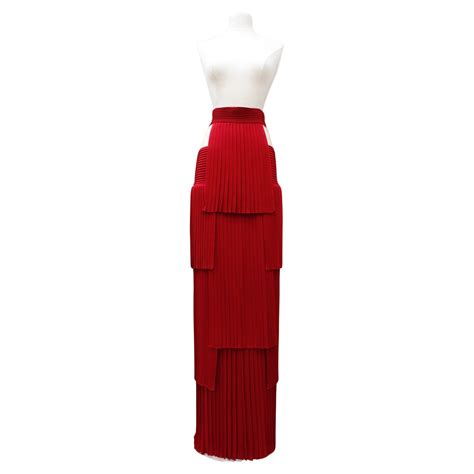 Balmain Red Pleated Skirt with Nude Mesh For Sale at 1stDibs