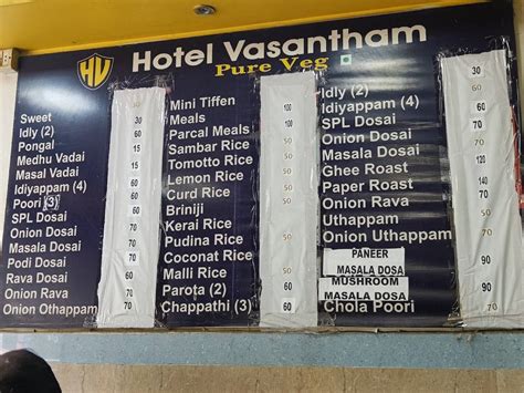 Menu at Hotel Vasantham, Chennai, 48th St
