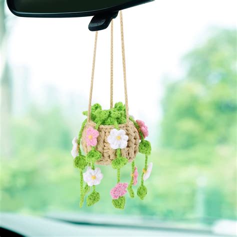 Amazon.com: Flower Car Plant Decor Rear View Mirror Hanging Accessories, Crochet Red Rose Plant ...