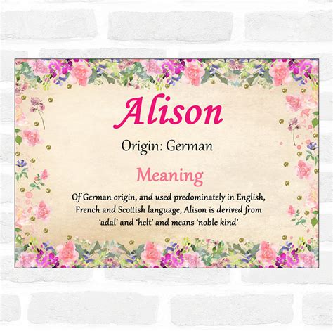 Alison Name Meaning Floral Certificate - The Card Zoo