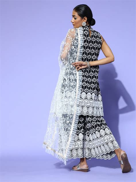 Black Round Chikan Work Halter Kurta Set - InWeave