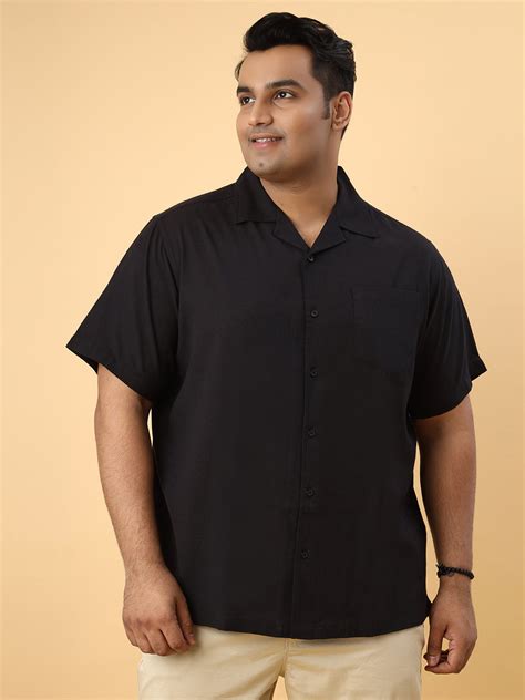 Black Linen Open Collar Half Sleeve Plus Size Full Camp Collar Casual ...