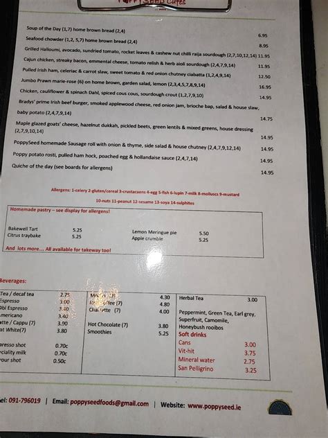 Menu at PoppySeed Clarinbridge cafe, Clarinbridge, The Bridge Centre