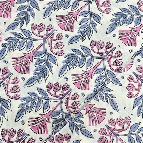 Pure Cotton Jaipuri White With Purple Blue Jaali Hand Block Print Fabr ...