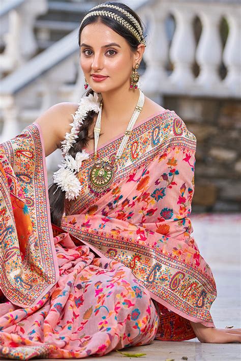 Invaluable Pink Pashmina saree With Palimpsest Blouse Piece
