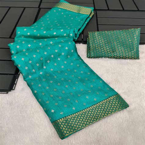 Turquoise Foil Printed Vichitra Silk Saree