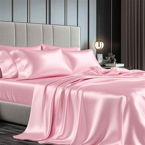 TURKIO Satin Sheets Queen Silk Sheets Pink Bed Sheet Set,4 Pieces 1800 ...