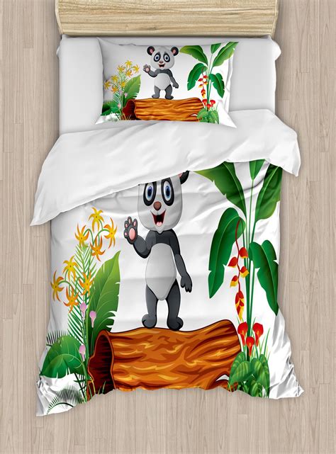Panda Duvet Cover Set, Panda Standing on a Tree Trunk Tropical Flowers ...