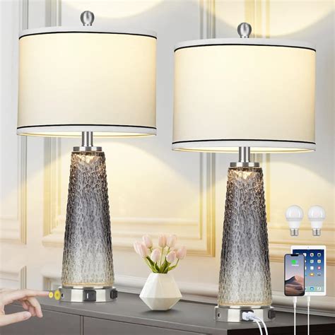 Set of 2 Black Metal Table Lamps with 2-in-1 Nightlight, USB & Type-C ...