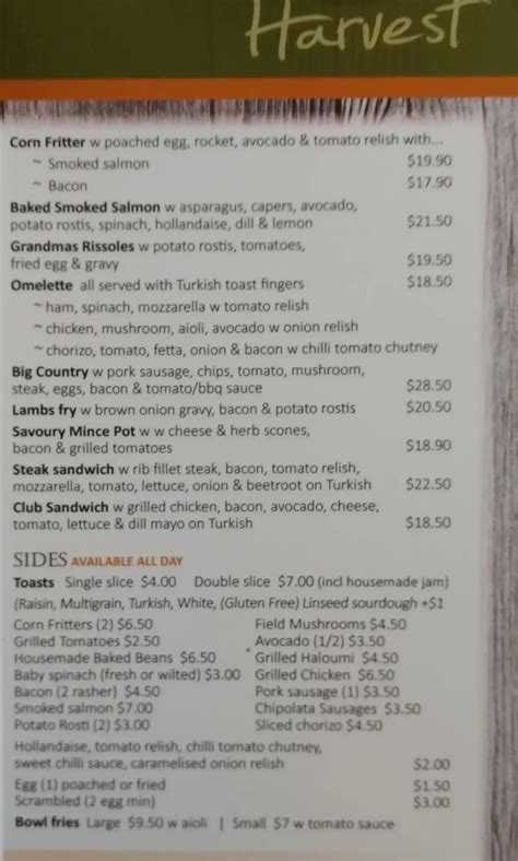 Menu at Harvest Cafe, Victoria Point