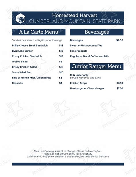 Menu at Homestead Harvest Restaurant, Crossville