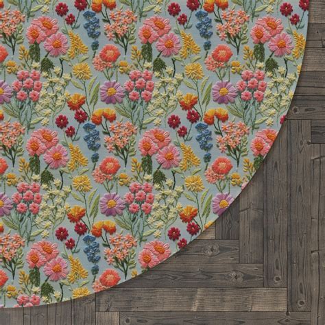 Summer Flower Cluster Round Rug Faux Embroidery, Boho Floral Area Rug ...