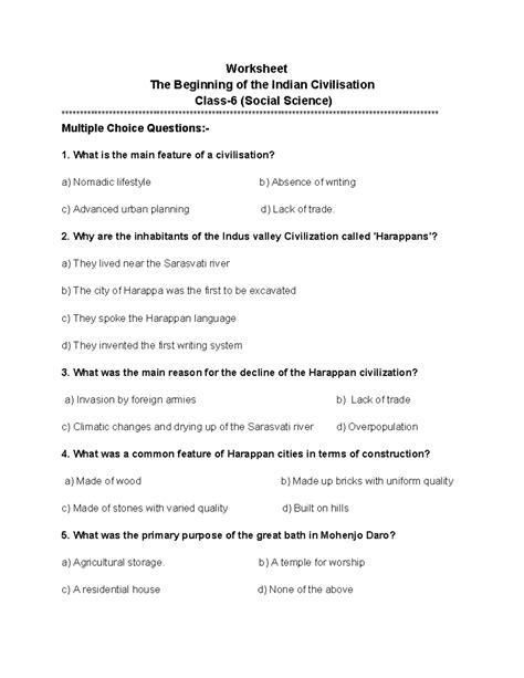 Worksheet on Class-6 Social Science: Beginning of Indian Civilisation ...