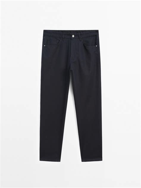 Tapered fit cotton blend denim trousers · Koyu Laci̇vert, Beyaz, Haki ...