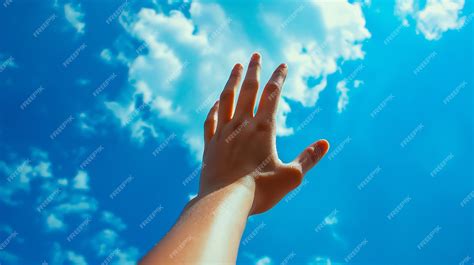A person39s hand reaching up to the sky with clouds in the background ...