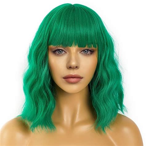 Short Bob Wigs with Bangs for Women Loose Wavy Green Wig Curly Wavy ...