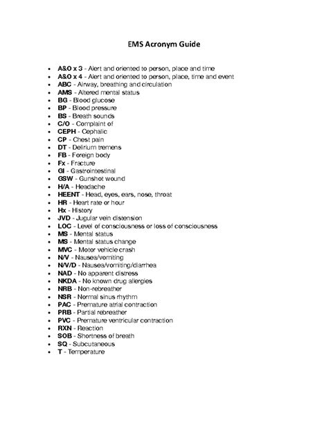 EMS Acronym Guide - EMS Acronym Guide • A&O x 3 - Alert and oriented to ...