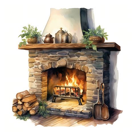 Fireplace Clipart, Christmas Fireplace Images, 10 Watercolor Clip Art ...